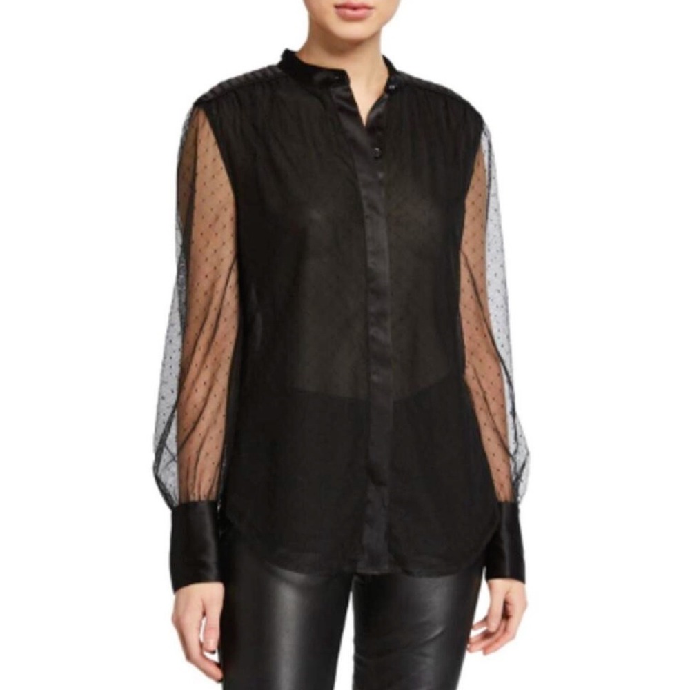 Equipment Femme Black Sheer Swiss Dot‎ Mesh Blouse Mock Neck Whimsigoth XL
